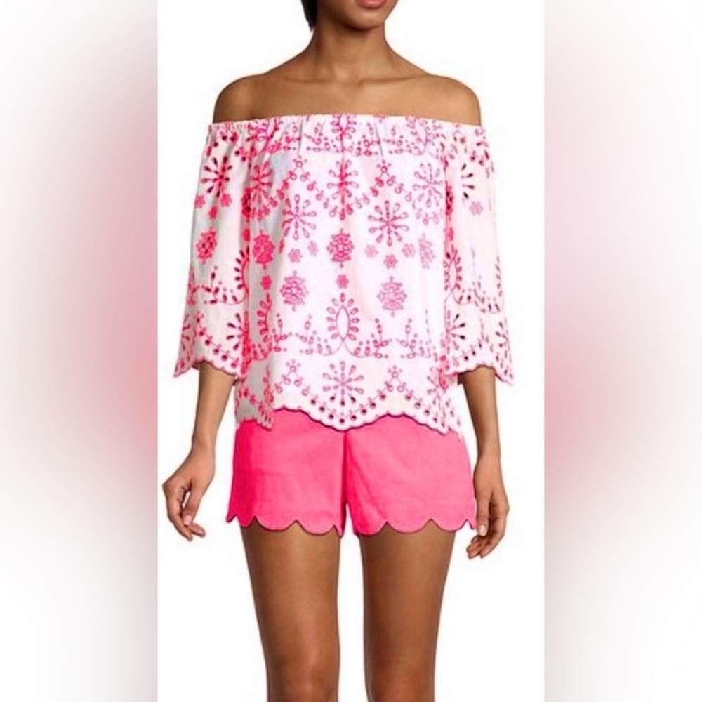 Lilly Pulitzer Laurenne Off the Shoulder Top Neon Pink Embroidered Eyelet S